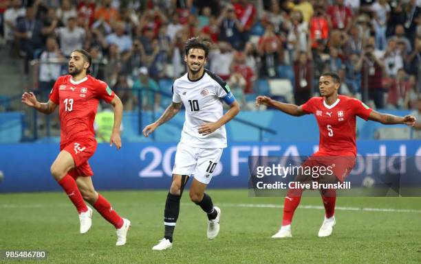 Bryan Ruiz of Costa Rica celebrates after scoring a penalty for his team's second goal during the 2018 FIFA World Cup Russia group E match between...