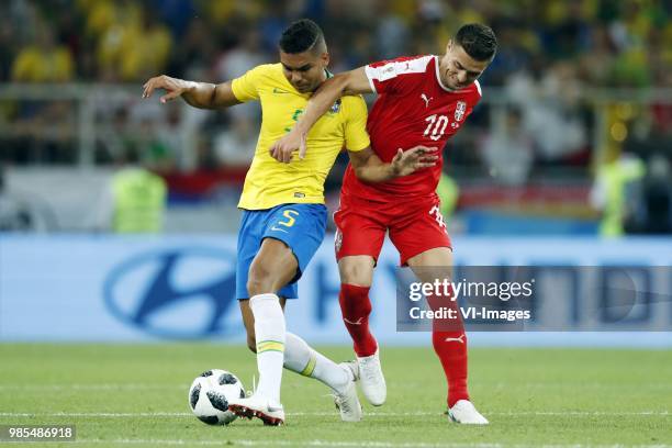 Casemiro of Brazil, Dusan Tadic of Serbia during the 2018 FIFA World Cup Russia group E match between Serbia and Brazil at the Otkrytiye Arena on...