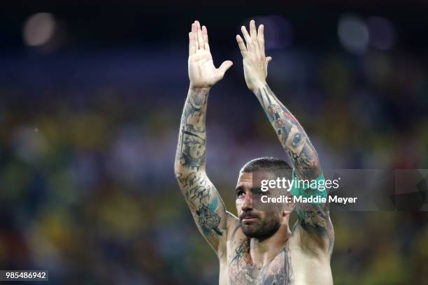 Aleksandar Kolarov of Serbia shows his dejection folowing the 2018 FIFA World Cup Russia group E match between Serbia and Brazil at Spartak Stadium...