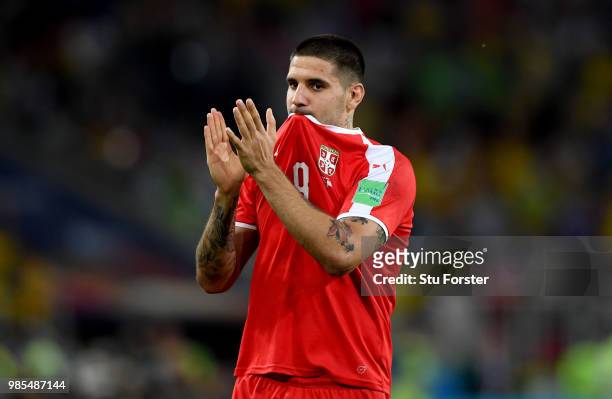 Aleksandar Mitrovic of Serbia acknowledges the fans following the 2018 FIFA World Cup Russia group E match between Serbia and Brazil at Spartak...