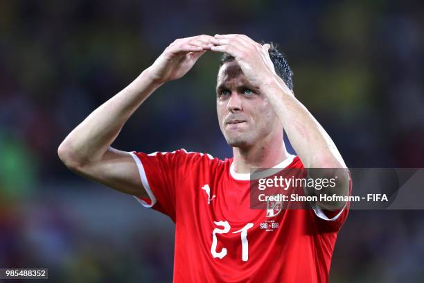 Nemanja Matic of Serbia shows his dejection following the 2018 FIFA World Cup Russia group E match between Serbia and Brazil at Spartak Stadium on...