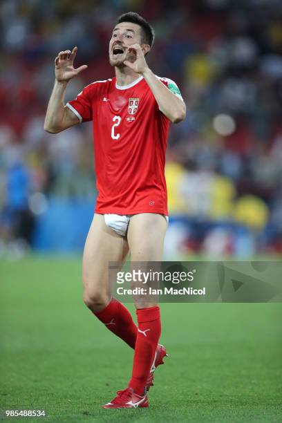 Antonio Rukavina of Serbia is seen after giving his shorts to a fan during the 2018 FIFA World Cup Russia group E match between Serbia and Brazil at...