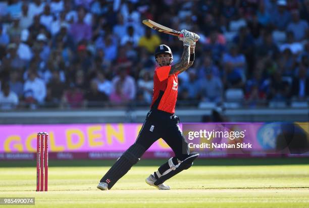 Alex Hales of England batting during the 1st Vitality International T20 match between England and Australia at Edgbaston on June 27, 2018 in...