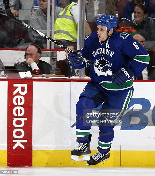 Sami Salo of the Vancouver Canucks skates up ice in Game One of the Western Conference Quarterfinals against the Los Angeles Kings during the 2010...