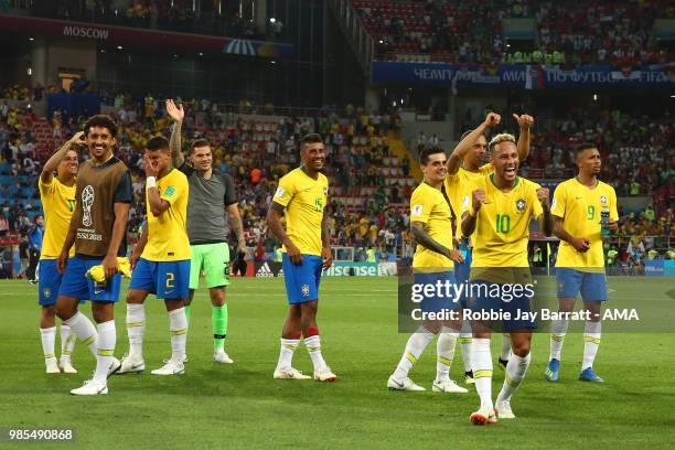 Neymar of Brazil and his team-mates celebrate at the end of the 2018 FIFA World Cup Russia group E match between Serbia and Brazil at Spartak Stadium...