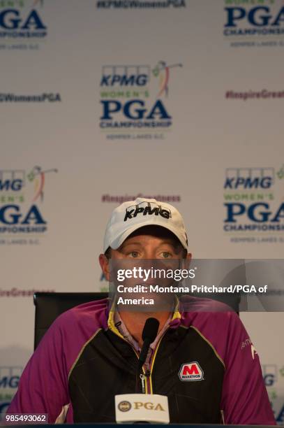 June 27: Stacy Lewis speaks at a press conference during the 2018 KPMG Women's PGA Championship at Kemper Lakes Golf Club on June 27th, 2018 in...