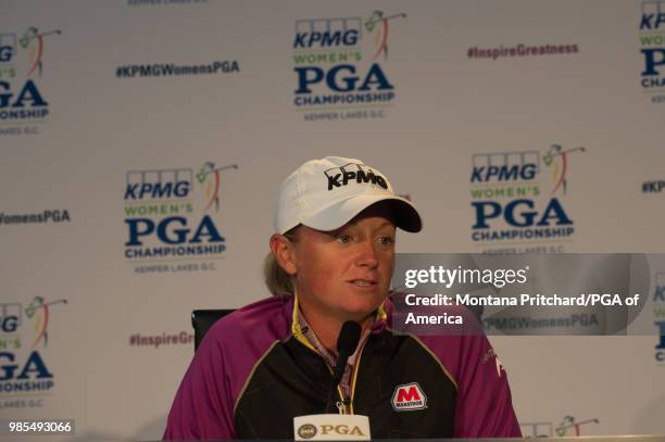 June 27: Stacy Lewis speaks at a press conference during the 2018 KPMG Women's PGA Championship at Kemper Lakes Golf Club on June 27th, 2018 in...