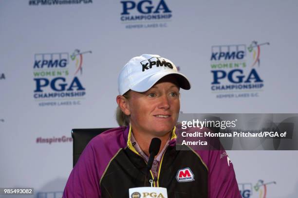 Stacy Lewis speaks at a press conference during the 2018 KPMG Women's PGA Championship at Kemper Lakes Golf Club on June 27th, 2018 in Kildeer,...
