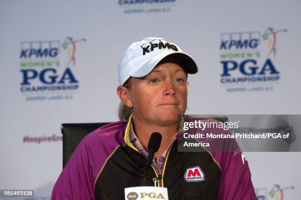 Stacy Lewis speaks at a press conference during the 2018 KPMG Women's PGA Championship at Kemper Lakes Golf Club on June 27th, 2018 in Kildeer,...