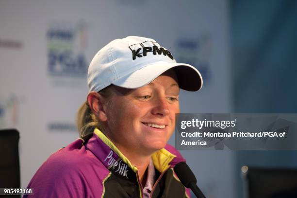 Stacy Lewis speaks at a press conference during the 2018 KPMG Women's PGA Championship at Kemper Lakes Golf Club on June 27th, 2018 in Kildeer,...