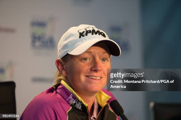 Stacy Lewis speaks at a press conference during the 2018 KPMG Women's PGA Championship at Kemper Lakes Golf Club on June 27th, 2018 in Kildeer,...