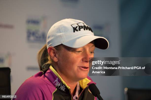 Stacy Lewis speaks at a press conference during the 2018 KPMG Women's PGA Championship at Kemper Lakes Golf Club on June 27th, 2018 in Kildeer,...