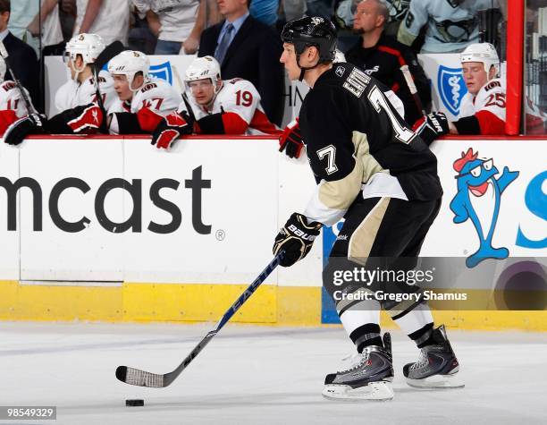 Mark Eaton of the Pittsburgh Penguins looks to pass against the Otttawa Senators in Game One of the Eastern Conference Quarterfinals during the 2010...