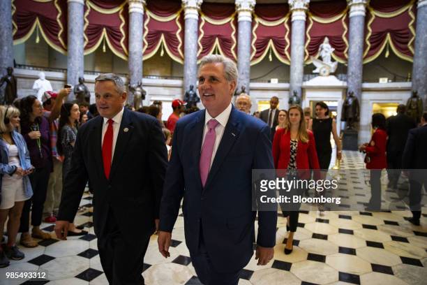 House Majority Leader Kevin McCarthy, a Republican from California, center, and Representative Bruce Westerman, a Republican from Arkansas, left,...