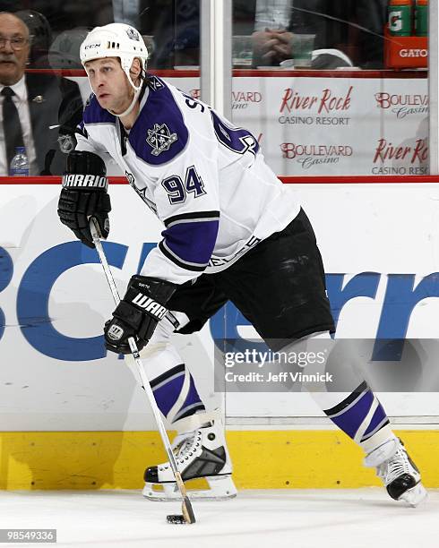 Ryan Smyth of the Los Angeles Kings skates up ice with the puck in Game One of the Western Conference Quarterfinals against the Vancouver Canucks...