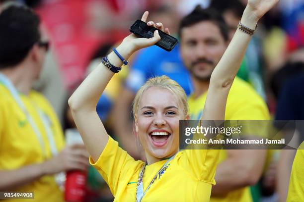 Fan of Brazil looks on during the 2018 FIFA World Cup Russia group E match between Serbia and Brazil at Spartak Stadium on June 27, 2018 in Moscow,...