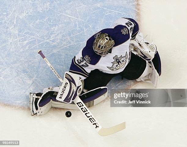 Jonathan Quick of the Los Angeles Kings makes a save in Game One of the Western Conference Quarterfinals against the Vancouver Canucks during the...