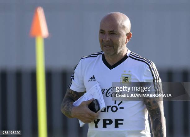 Argentina's coach Jorge Sampaoli gestures during a training session at the team's base camp in Bronnitsy, near Moscow, Russia on June 27, 2018 ahead...
