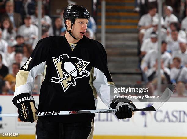 Jordan Staal of the Pittsburgh Penguins skates against the Otttawa Senators in Game One of the Eastern Conference Quarterfinals during the 2010 NHL...