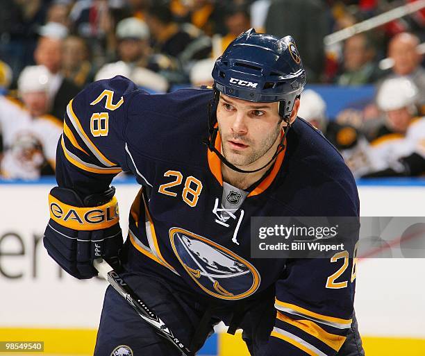 Paul Gaustad of the Buffalo Sabres prepares for a faceoff against the Boston Bruins in Game Two of the Eastern Conference Quarterfinals during the...