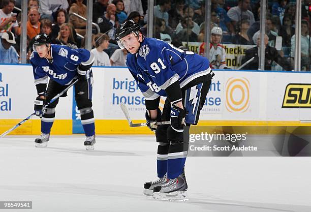 Steven Stamkos of the Tampa Bay Lightning rest during a break in the action against the Florida Panthers at the St. Pete Times Forum on April 10,...