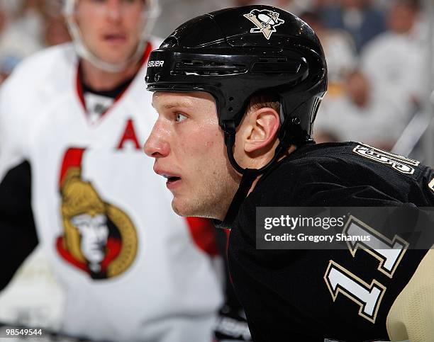 Jordan Staal of the Pittsburgh Penguins skates against the Otttawa Senators in Game One of the Eastern Conference Quarterfinals during the 2010 NHL...