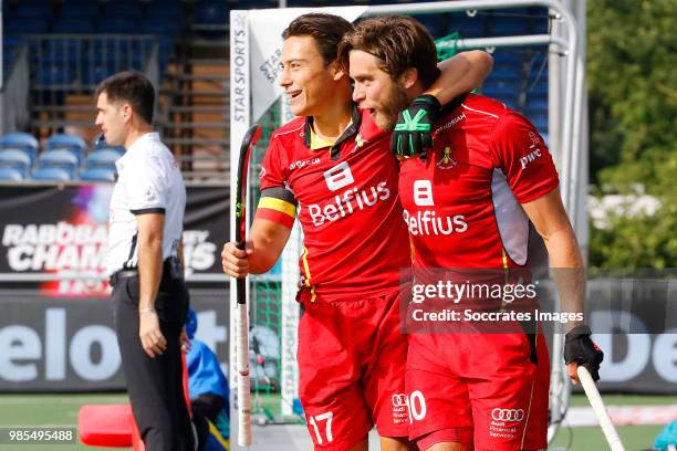 Cedric Charlier of Belgium celebrates 0-1 with Thomas Briels of Belgium during the Champions Trophy match between Australia v Belgium at the...