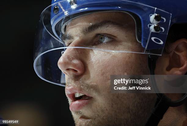 Steve Bernier of the Vancouver Canucks looks on from the bench in Game Two of the Western Conference Quarterfinals against the Los Angeles Kings...