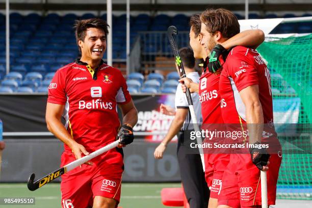 Cedric Charlier of Belgium celebrates 0-1 with Thomas Briels of Belgium during the Champions Trophy match between Australia v Belgium at the...