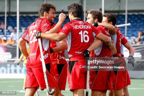 Cedric Charlier of Belgium celebrates 0-1 with Thomas Briels of Belgium during the Champions Trophy match between Australia v Belgium at the...