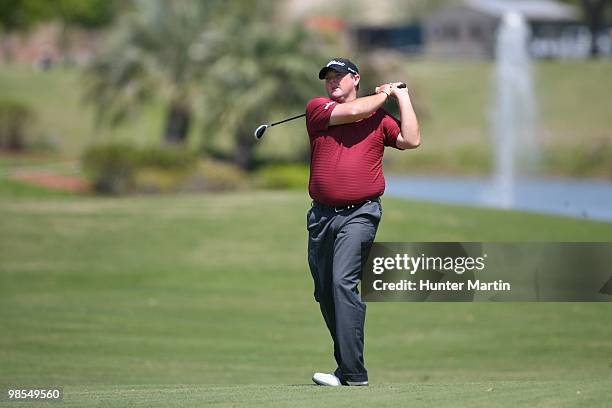 Jarrod Lyle hits a shot during the final round of the Chitimacha Louisiana Open at Le Triomphe Country Club on March 28, 2010 in Broussard, Louisiana.