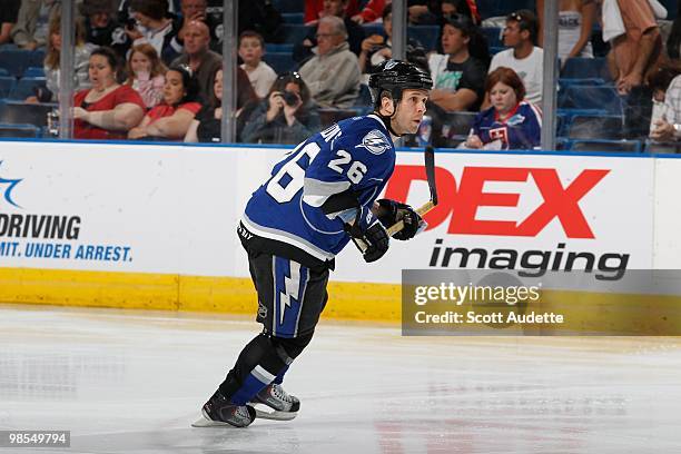 Martin St. Louis of the Tampa Bay Lightning skates against the Florida Panthers at the St. Pete Times Forum on April 10, 2010 in Tampa, Florida.