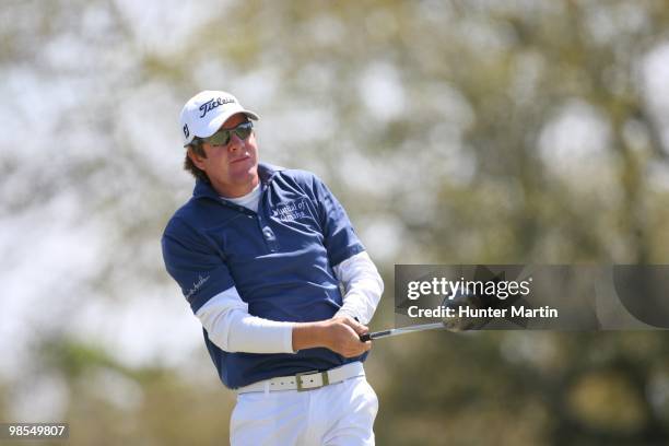 Aron Price hits a shot during the final round of the Chitimacha Louisiana Open at Le Triomphe Country Club on March 28, 2010 in Broussard, Louisiana.