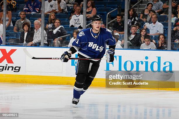 Steven Stamkos of the Tampa Bay Lightning skates against the Florida Panthers at the St. Pete Times Forum on April 10, 2010 in Tampa, Florida.