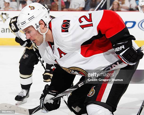 Mike Fisher of the Ottawa Senators skates against the Pittsburgh Penguins in Game One of the Eastern Conference Quarterfinals during the 2010 NHL...