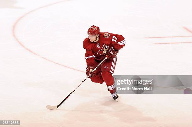 Radim Vrbata of the Phoenix Coyotes skates the puck up ice against the Detroit Red Wings in Game Two of the Western Conference Quarterfinals during...