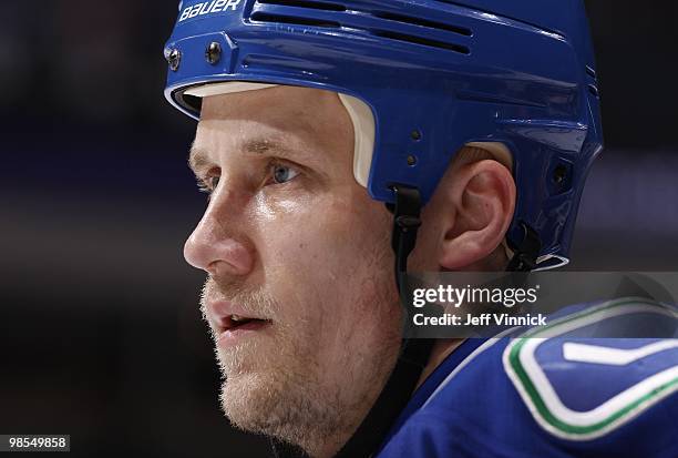 Sami Salo of the Vancouver Canucks looks on from the bench in Game Two of the Western Conference Quarterfinals against the Los Angeles Kings during...