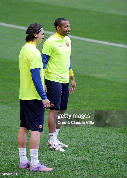Zlatan Ibrahimovic and Thierry Henry of FC Barcelona during the Training Session at Giuseppe Meazza Stadium on April 19, 2010 in Milan, Italy.
