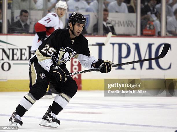 Maxime Talbot of the Pittsburgh Penguins skates against the Ottawa Senators in Game Two of the Eastern Conference Quarterfinals during the 2010 NHL...