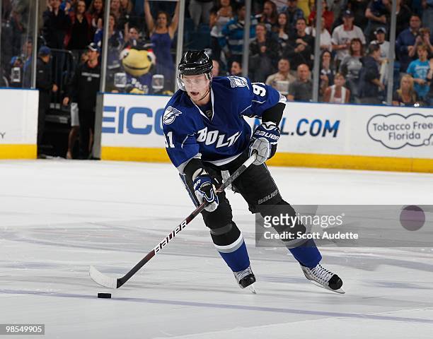 Steven Stamkos of the Tampa Bay Lightning races to the net against the Florida Panthers at the St. Pete Times Forum on April 10, 2010 in Tampa,...