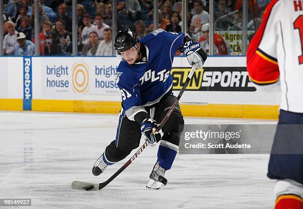 Steven Stamkos of the Tampa Bay Lightning shoots the puck against the Florida Panthers at the St. Pete Times Forum on April 10, 2010 in Tampa,...