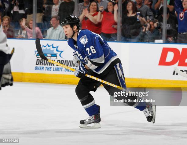 Martin St. Louis of the Tampa Bay Lightning skates to the bench during a break in the action against the Florida Panthers at the St. Pete Times Forum...