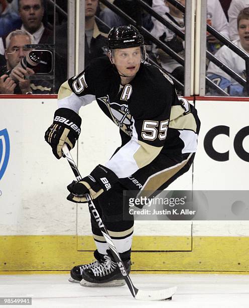 Sergei Gonchar of the Pittsburgh Penguins handles the puck against the Ottawa Senators in Game Two of the Eastern Conference Quarterfinals during the...