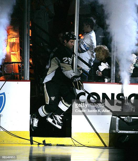 Maxime Talbot of the Pittsburgh Penguins jumps onto the ice before the start of play against the Ottawa Senators n Game Two of the Eastern Conference...