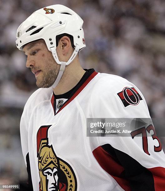 Jarkko Ruutu of the Ottawa Senators skates against the Pittsburgh Penguins in Game Two of the Eastern Conference Quarterfinals during the 2010 NHL...