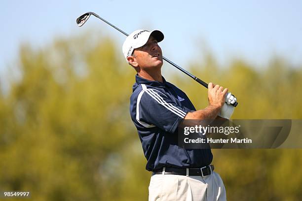 Patrick Sheehan hits a shot during the first round of the Chitimacha Louisiana Open at Le Triomphe Country Club on March 25, 2010 in Broussard,...