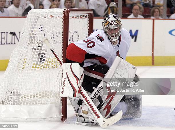 Brian Elliott of the Ottawa Senators protects the net against the Pittsburgh Penguins in Game Two of the Eastern Conference Quarterfinals during the...