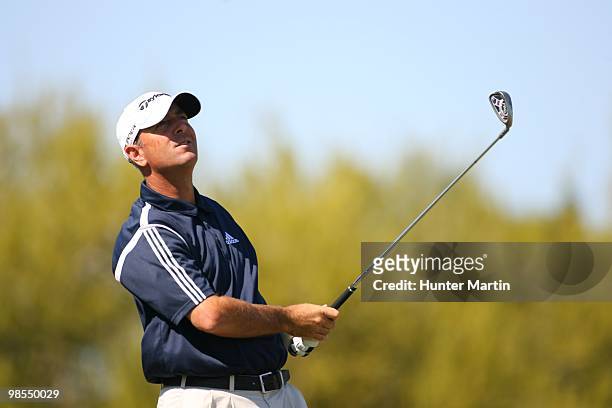 Patrick Sheehan watches a shot during the first round of the Chitimacha Louisiana Open at Le Triomphe Country Club on March 25, 2010 in Broussard,...