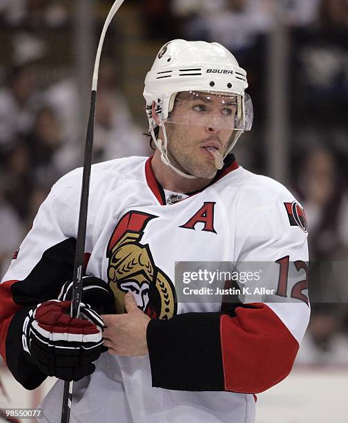 Mike Fisher of the Ottawa Senators skates against the Pittsburgh Penguins in Game Two of the Eastern Conference Quarterfinals during the 2010 NHL...