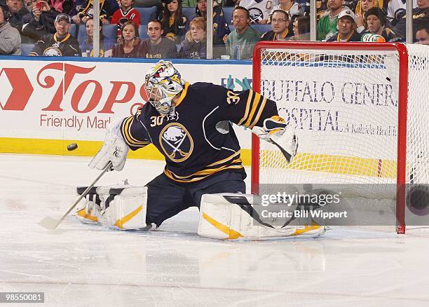 Ryan Miller of the Buffalo Sabres makes a save against the Boston Bruins in Game Two of the Eastern Conference Quarterfinals during the 2010 NHL...